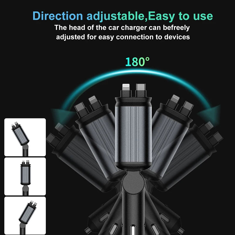 120W Metal Shell Car Cigarette Lighter Charger 4-In-1,Starry Projector Dual 80Cm Cables & Fast Charger Ports 180° Rotating