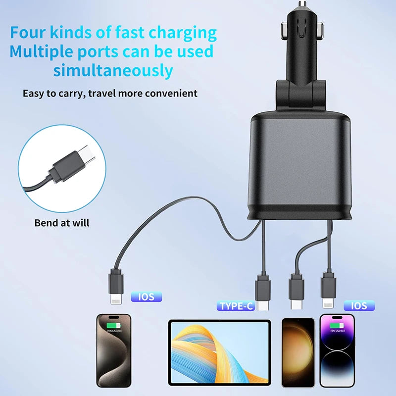 120W Metal Shell Car Cigarette Lighter Charger 4-In-1,Starry Projector Dual 80Cm Cables & Fast Charger Ports 180° Rotating
