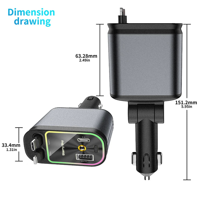 120W Metal Shell Car Cigarette Lighter Charger 4-In-1,Starry Projector Dual 80Cm Cables & Fast Charger Ports 180° Rotating
